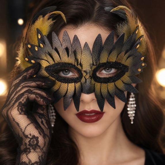 Masquerade Mask for Women Masquerade Mask for Men 9 Inch Venetian Masquerade Masks Leather Feather Design for Mardi Gras Masquerade Party Halloween Gold Black Style, 1 Pack