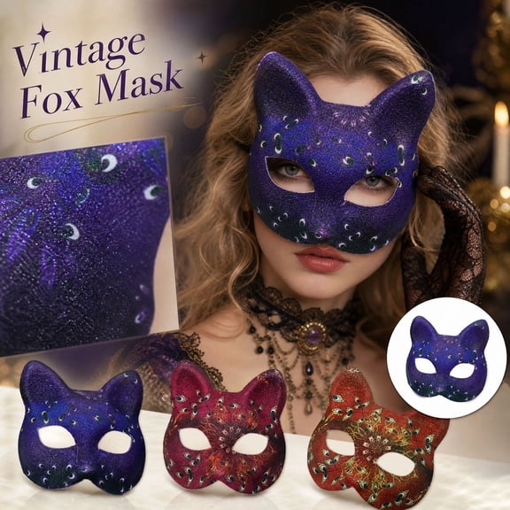 Masquerade Mask for Women, Purple Cat Half Face Mask with Glitter Sequin Print & Eye Mask Design, 6X7 Inch Cat Mask for Masquerade Party, Halloween Cat Accessory for Women Men