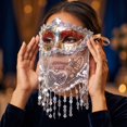 thumbnail image 1 of Masquerade Mask for Women Silver Masquerade Veil Mask 12 Inch Glitter Sequin Tassel Design Halloween Mask Mardi Gras Accessory for Prom Masquerade Party, 1 Piece, 1 of 4