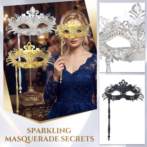 Masquerade Mask for Women, Silver Venetian Masquerade Masks 12 Inch Masquerade Mask with Stick, Decorative Eye Mask for Masquerade Party, Halloween, Mardi Gras Events, 1 Pack