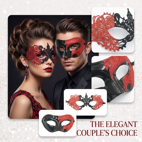 Masquerade Mask for Couples, 2 Pack Black Red Lace Masquerade Masks, Halloween Masks for Masquerade Party Events