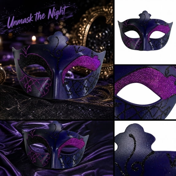 Masquerade Mask for Men, 7 Inch Half Face Glitter Mask for Halloween Party Mardi Gras Themed Events Purple, 1 Pack