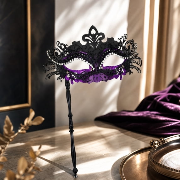 Masquerade Mask for Women, 12 Inch Masquerade Mask with Stick Venetian Masquerade Masks for Party Mardi Gras Halloween Event Purple, 1 Pack