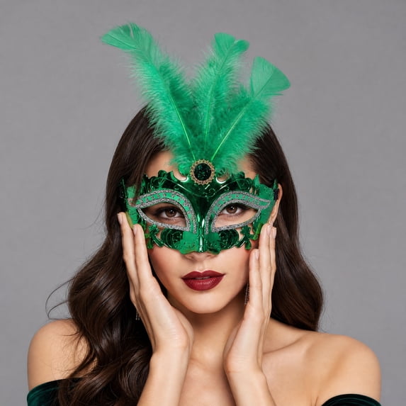 Masquerade Mask for Women Green Feather 10 Inch Venetian Masquerade Masks Halloween Party Accessory Mardi Gras Party Decor, 1 Pack