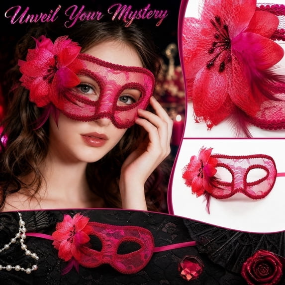 Masquerade Mask for Women Halloween Mask 7 Inch Semi Transparent Lace Floral Feather Decor Mask for Themed Events Magenta, 1 Pack