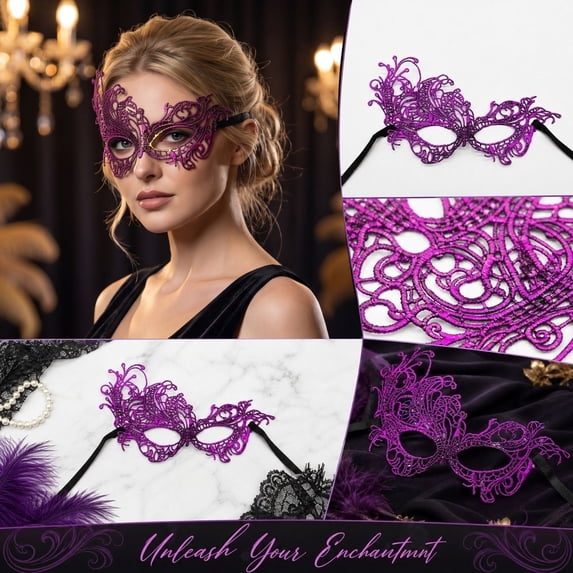 Masquerade Mask for Women Hollow Lace 9 Inch Decorative Halloween Mask Purple Half Face Mask for Themed Events Prom Party, 1 Pack