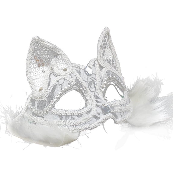 Masquerade Mask for Women Lace Sequined Cat Eye Mask Halloween Accessory for Party Events White 1 Pack