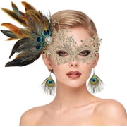 Masquerade Mask for Women, Peacock Feather Lace Mask with Earrings for Halloween Carnival Mardi Gras Costume Party