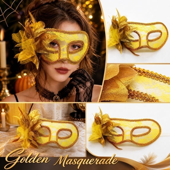 Masquerade Mask for Women Yellow 7 Inch Semi-Transparent Lace Halloween Mask with Feather Flower Decoration for Party Themed Events, 1 Pack