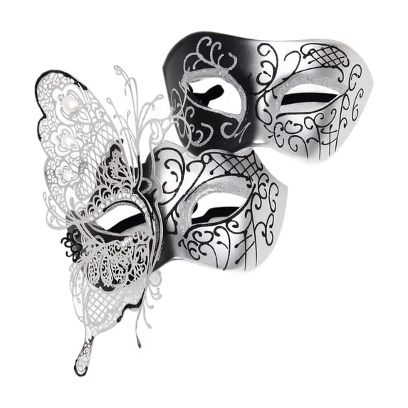 Masquerade Masks Black Silver Filigree Design 2 Piece Set for Couples Masquerade Party Halloween Events Themed Anniversary Dances Evening Gatherings