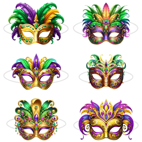 Masquerade Paper Masks with Half-Face Eye Cover Design, Vibrant Purple Green Gold Decorative Masks for Carnival Themed Events, Mardi Gras Party Accessories Pack of 6
