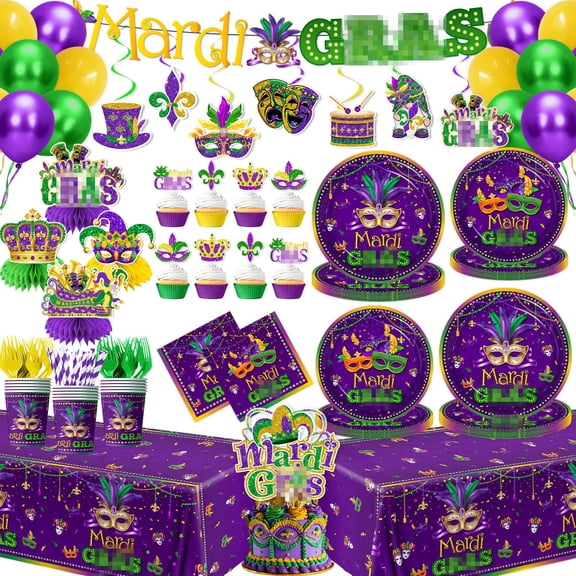 Masquerade Party Decorations-172Pcs Mask Themed Plates and Napkins Green Gold Purple Tableware Set Masquerade Party Supplies A101