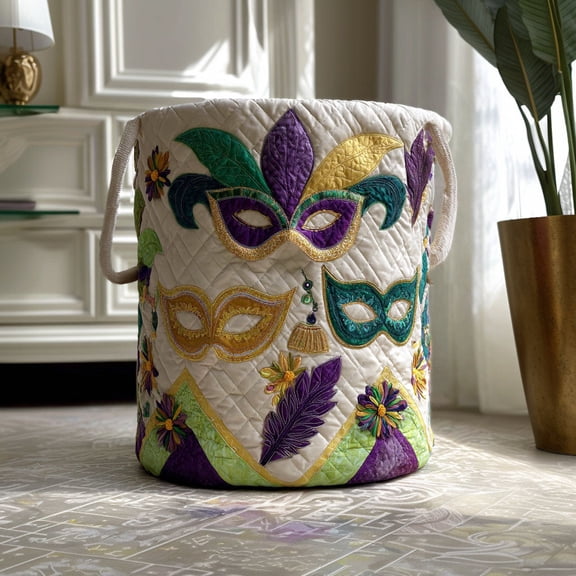 Masquerade Queen Quilted Laundry Basket, Royal Mardi Gras Hamper, Glam Storage Basket