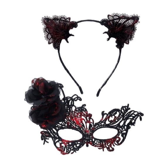 Masquerade Set Black Red Lace Cat Ear Headband Half Face Eye Mask for Women Halloween Party Accessories