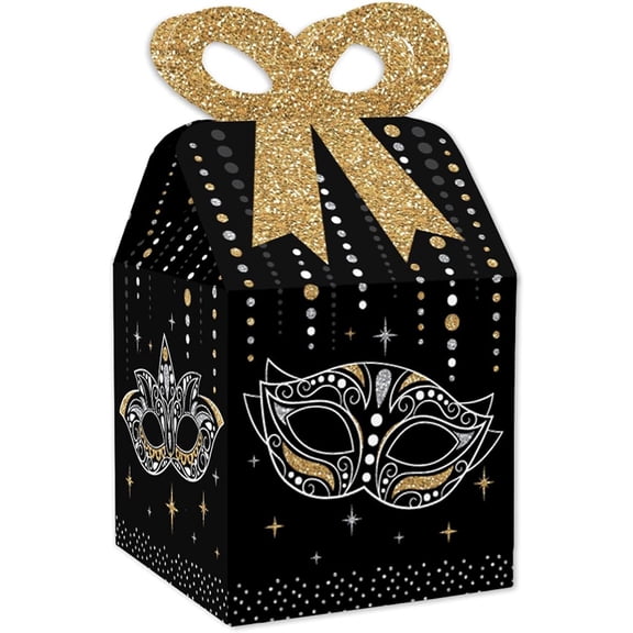 Masquerade - Square Favor Gift Boxes - Venetian Mask Party Bow Boxes - Set of 12