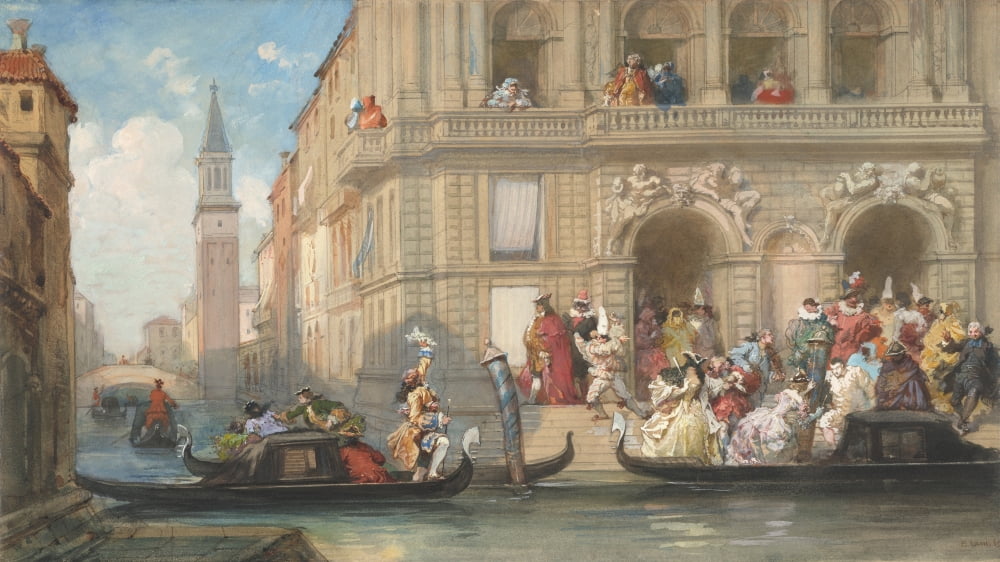 Masqueraders Boarding Gondolas Before A Venetian Palazzo Canvas Art - (36 x 24)