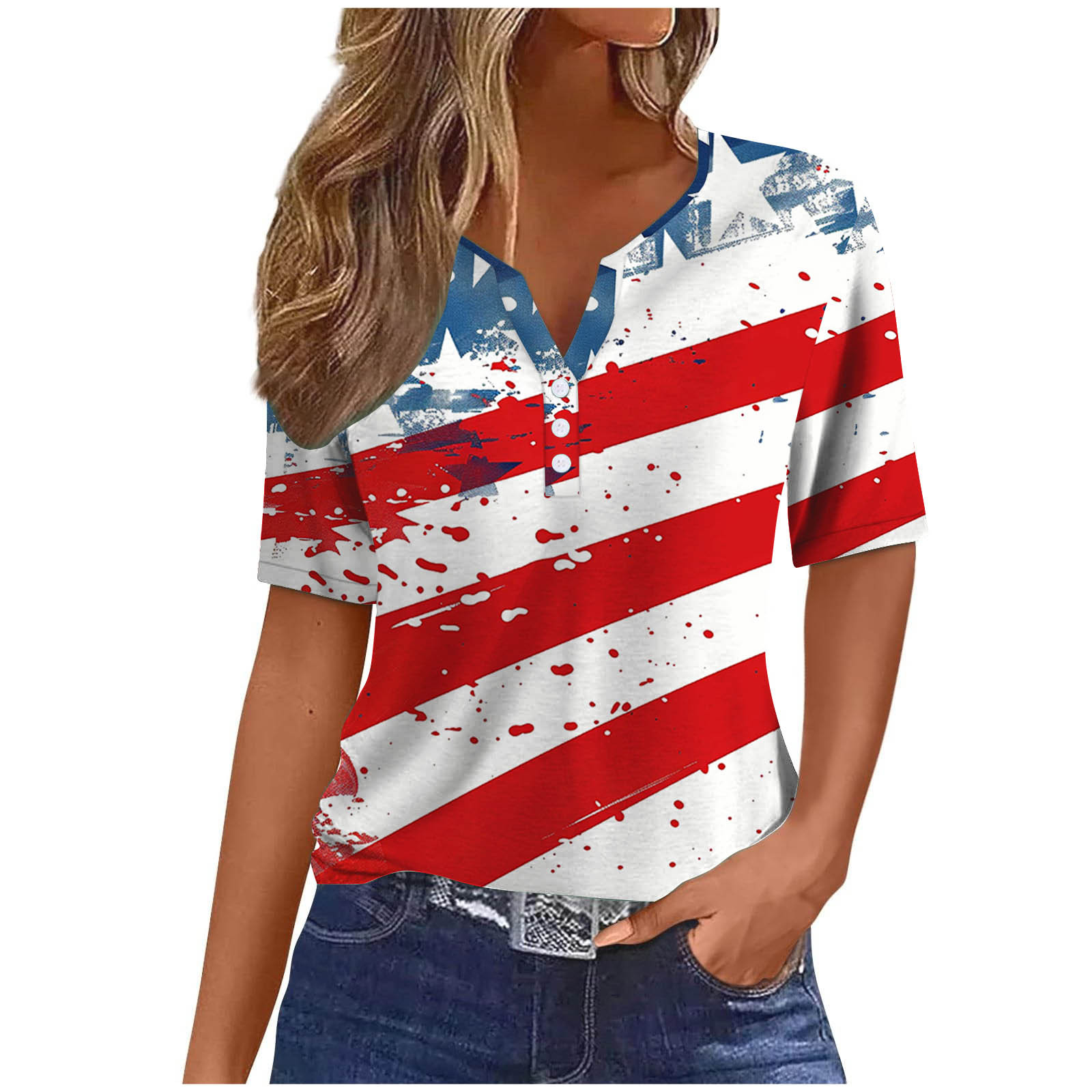 Masrin 4th of July Shirts Women Early Access Deals of The Day July 4th Shirts for Women American Flag Tops Summer Short Sleeve Tshirts Button V Neck