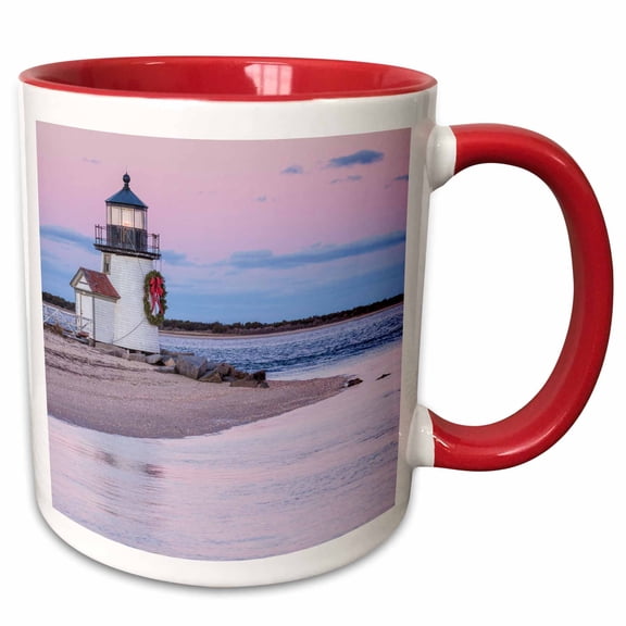 3drose, Mass. Nantucket Island. Brant Point Lighthouse with Christmas Wreath., 15oz Two-tone Red Mug