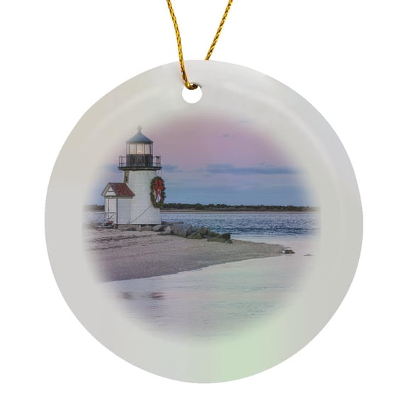 3drose, Mass. Nantucket Island. Brant Point Lighthouse with Christmas Wreath., Circle Porcelain Ornament
