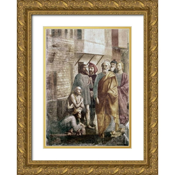 Massaccio 24x32 Gold Ornate Wood Framed with Double Matting Museum Art Print Titled - St. Peter Healing The Sick With His Shadow