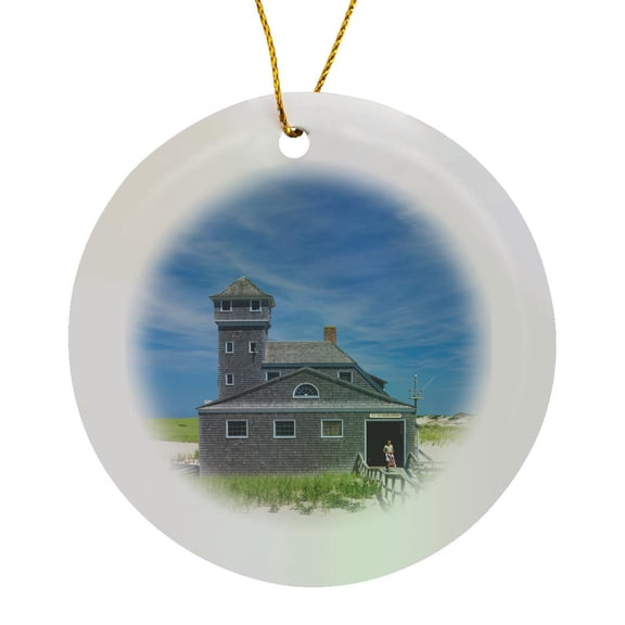 3drose, Massachusetts, Cape Cod, Old Harbor Life-saving Station, Circle Porcelain Ornament