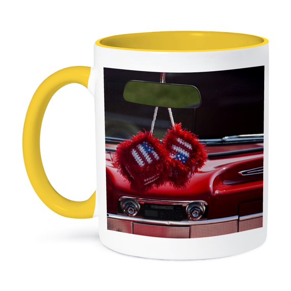Massachusetts, Dice In 1950S Classic Car - Us22 Wbi0770 - Walter Bibikow, 11oz Two-Tone Yellow Mug