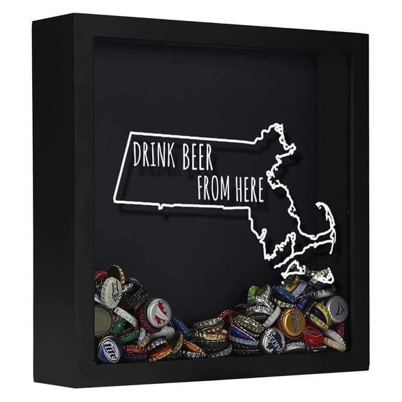 Torched Massachusetts Drink Beer Cap Shadow Box Wall Decor 13"x13"x3" Black