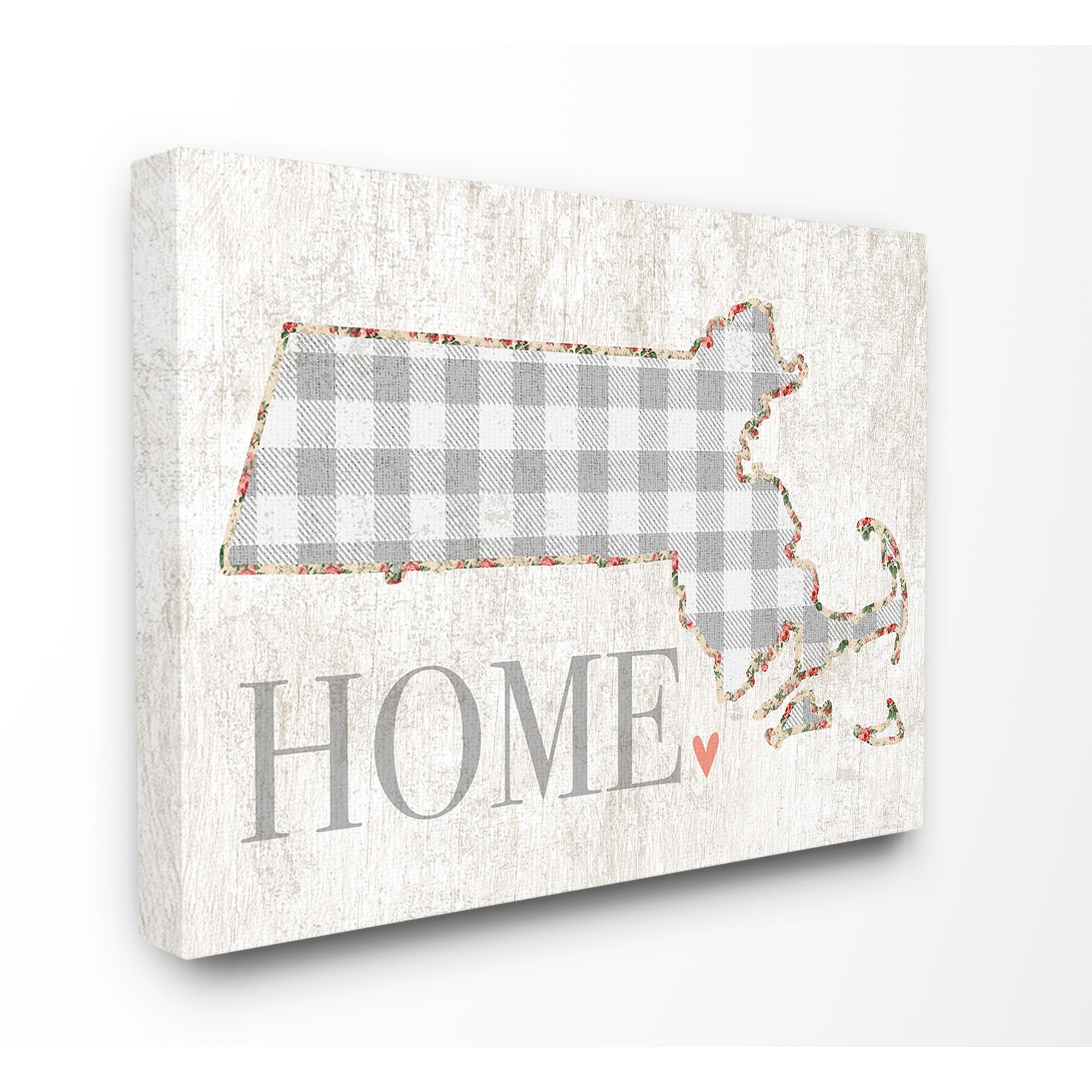 Massachusetts Grey Gingham and Floral Heart and Home Stretched Canvas Wall Art, 30 x 1.5 x 40
