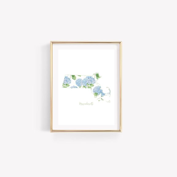 Massachusetts Hydrangea Map Wall Art Print Coastal Decor