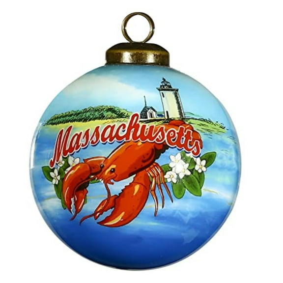 Massachusetts Lobster and Sailboat Reverse Painted Glass Ball Christmas Ornament