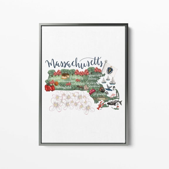 Massachusetts Map Gift Home State Typography Landmark Drawing MA Wall Art Print, Poster Only