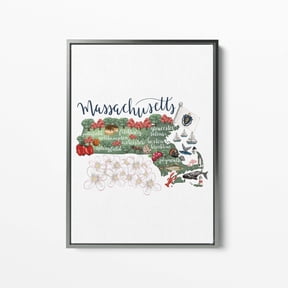 Massachusetts Map Gift Home State Typography Landmark Drawing Ma Wall Art Or Art, Unframed Paper Print