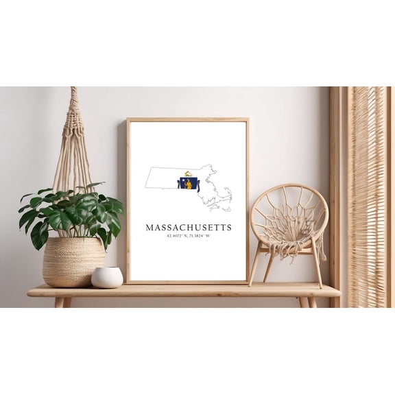 Massachusetts Map Print Latitude Longitude Coordinates State Flag