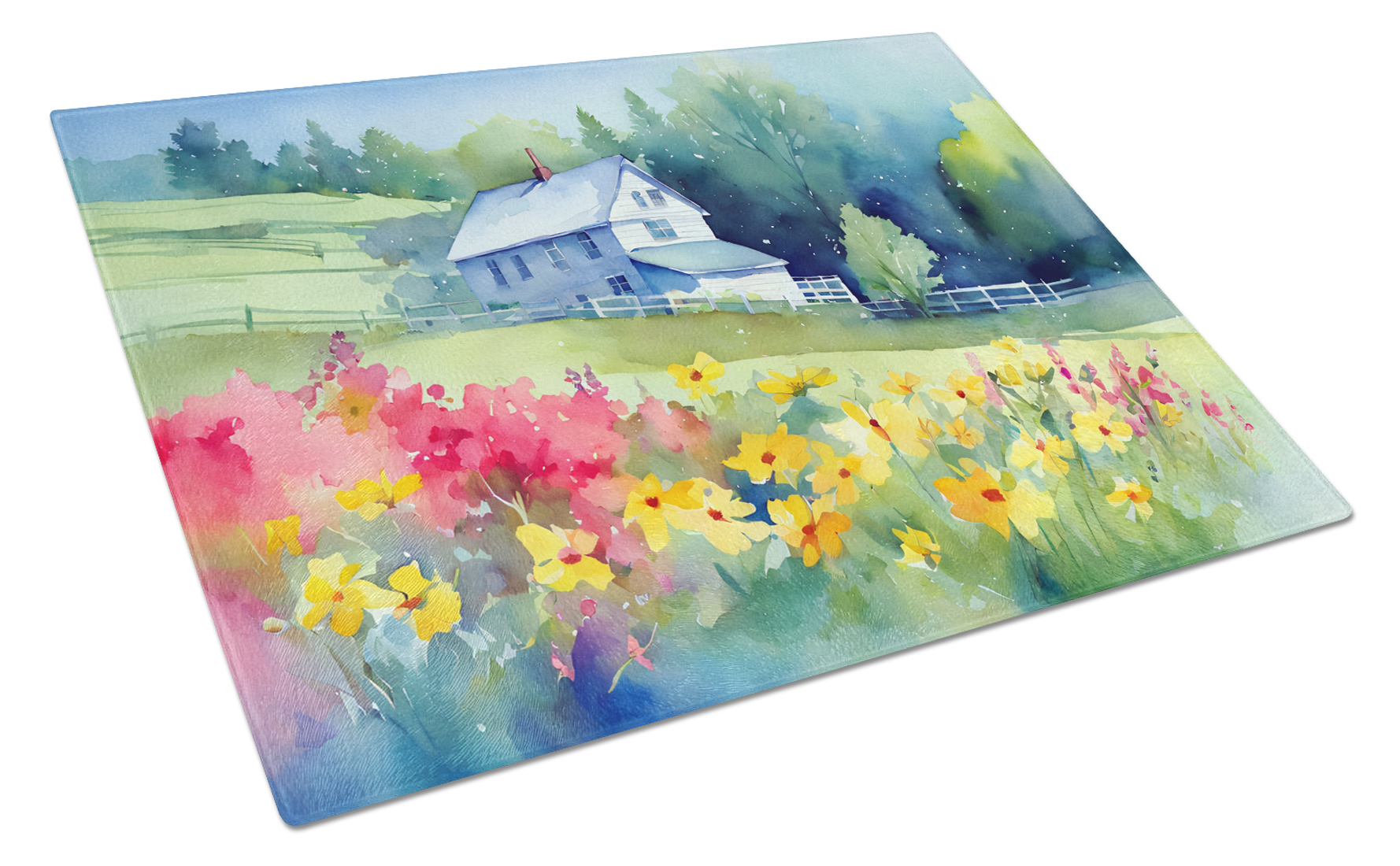 Massachusetts Mayflowers in Watercolor Glass Cutting Board Large 12 in x 15 in