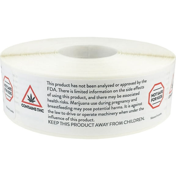 Massachusetts Medical Cannabis Contains THC Not Safe for Kids FDA Warning Stickers, 1 x 3 Inches Wide, 500 Labels on a Roll