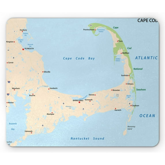 Massachusetts Mouse Pad, Modern Road Map Themed Illustration with Cape Cod and Names, Rectangle Non-Slip Rubber Mousepad, Standard Size, Green Eggshell, by Ambesonne
