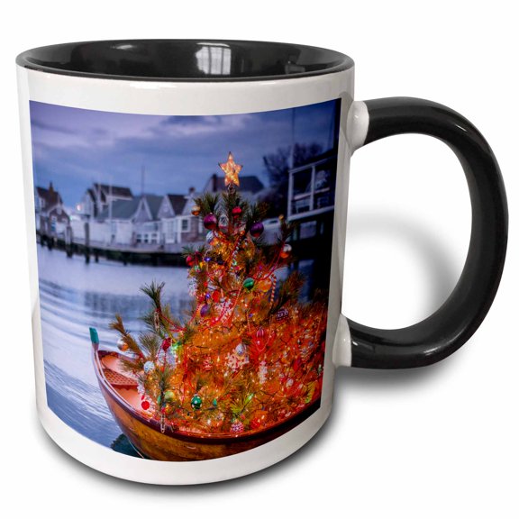 3drose, Massachusetts, Nantucket Island, Dory with Christmas Tree, 11oz Two-tone Black Mug