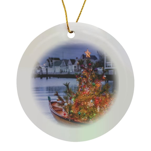 3drose, Massachusetts, Nantucket Island, Dory with Christmas Tree, Circle Porcelain Ornament