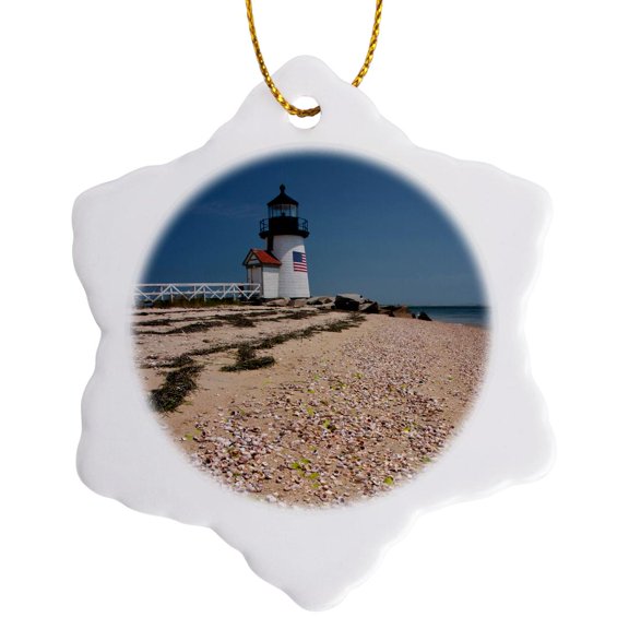 3drose, Massachusetts, Nantucket. Shell in Front of Brant Point Lighthouse., 3 inch Snowflake Porcelain Ornament