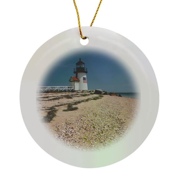 3drose, Massachusetts, Nantucket. Shell in Front of Brant Point Lighthouse., Circle Porcelain Ornament