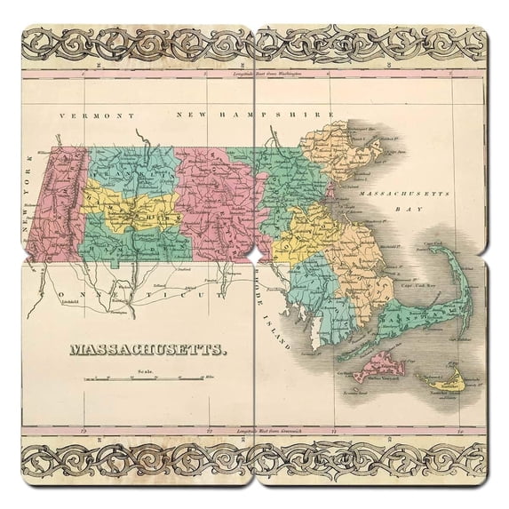 Torched Massachusetts Old World Map Coaster Beer Bottle Coaster 4"x4"x0.25