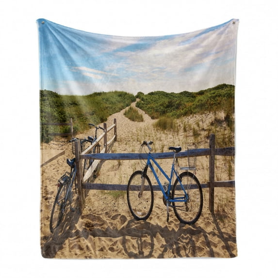 Massachusetts Soft Flannel Fleece Blanket, Bicycles Leaned on Fences Green Toned Hills at the Background Summer Season, Cozy Plush for Indoor and Outdoor Use, 70" x 90", Multicolor, by Ambesonne