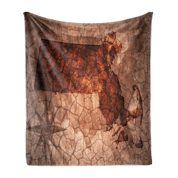 Massachusetts Soft Flannel Fleece Blanket, Cracked Paper Effect Background with State Map USA Cartography Theme, Cozy Plush for Indoor and Outdoor Use, 50" x 70", Rust and Pale Rust, by Ambesonne