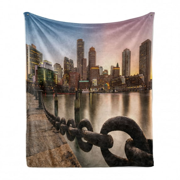 Massachusetts Soft Flannel Fleece Blanket, Fan Pier Park with Boston City Skyline Modern Urban Life Themed Design Print, Cozy Plush for Indoor and Outdoor Use, 50" x 60", Multicolor, by Ambesonne
