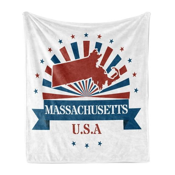 Massachusetts Soft Flannel Fleece Blanket, State Map with Sunburst Stripes and Stars United States Lettering, Cozy Plush for Indoor and Outdoor Use, 70" x 90", Night Blue Vermilion, by Ambesonne