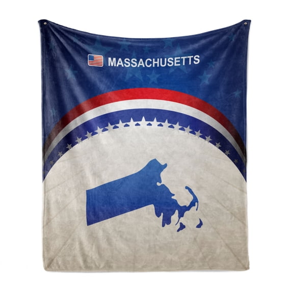 Massachusetts Soft Flannel Fleece Throw Blanket, Map Silhouette with Stars and Stripes Patriotic Arrangement, Cozy Plush for Indoor and Outdoor Use, 50" x 70", Blue Vermilion and White, by Ambesonne