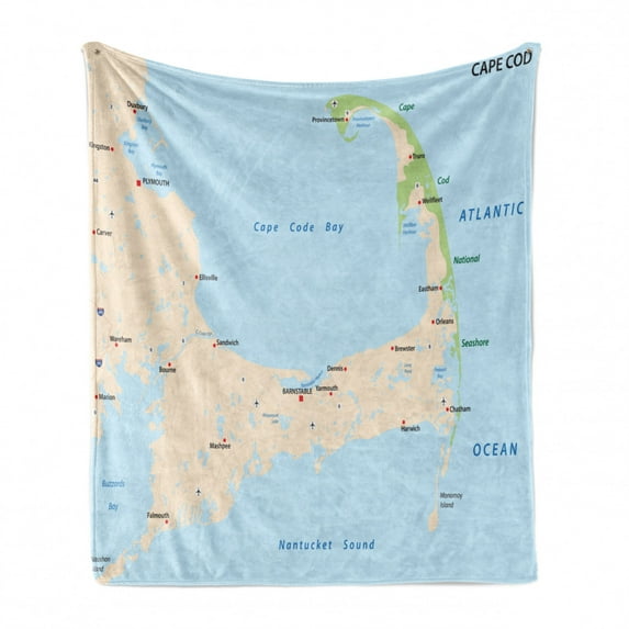 Massachusetts Soft Flannel Fleece Throw Blanket, Modern Road Map Themed Illustration with Cape Cod and Names, Cozy Plush for Indoor and Outdoor Use, 70" x 90", Green Eggshell, by Ambesonne