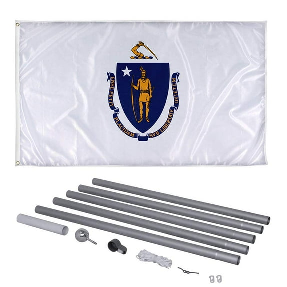 Massachusetts State Flag and 20ft Flagpole with PVC Ground Insert Included - 3ft x 5ft Knitted Polyester Flag, State Flag Collection, Flag Printed in The USA