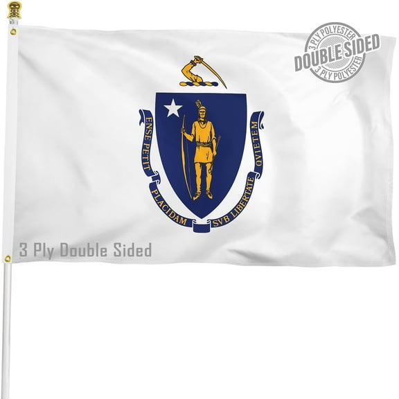 Massachusetts State Flag 3x5 ft Double Sided, Heavy Duty 3 Ply Durable Polyester, MA Flag with Vibrant Print/4 Rows Hemming/Brass Grommets