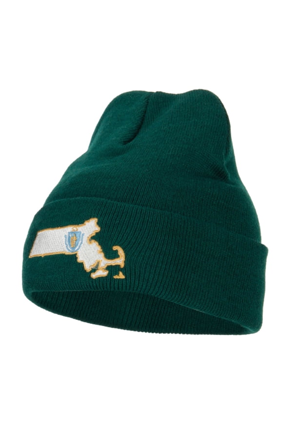 Massachusetts State Flag Map Embroidered Long Beanie - Dk Green OSFM